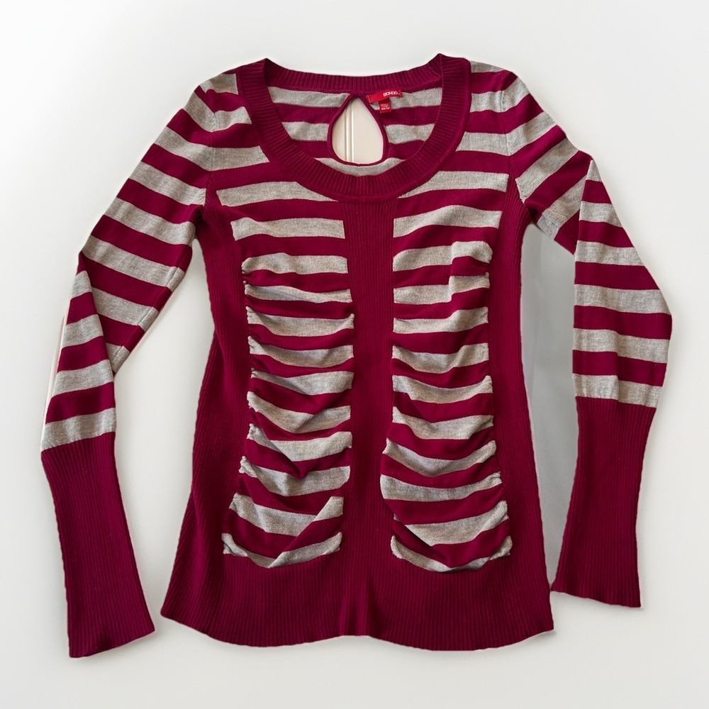 3/$25 Sale Bongo Womens Juniors Ruched Sweater Size M Striped Fitted Cutout Back